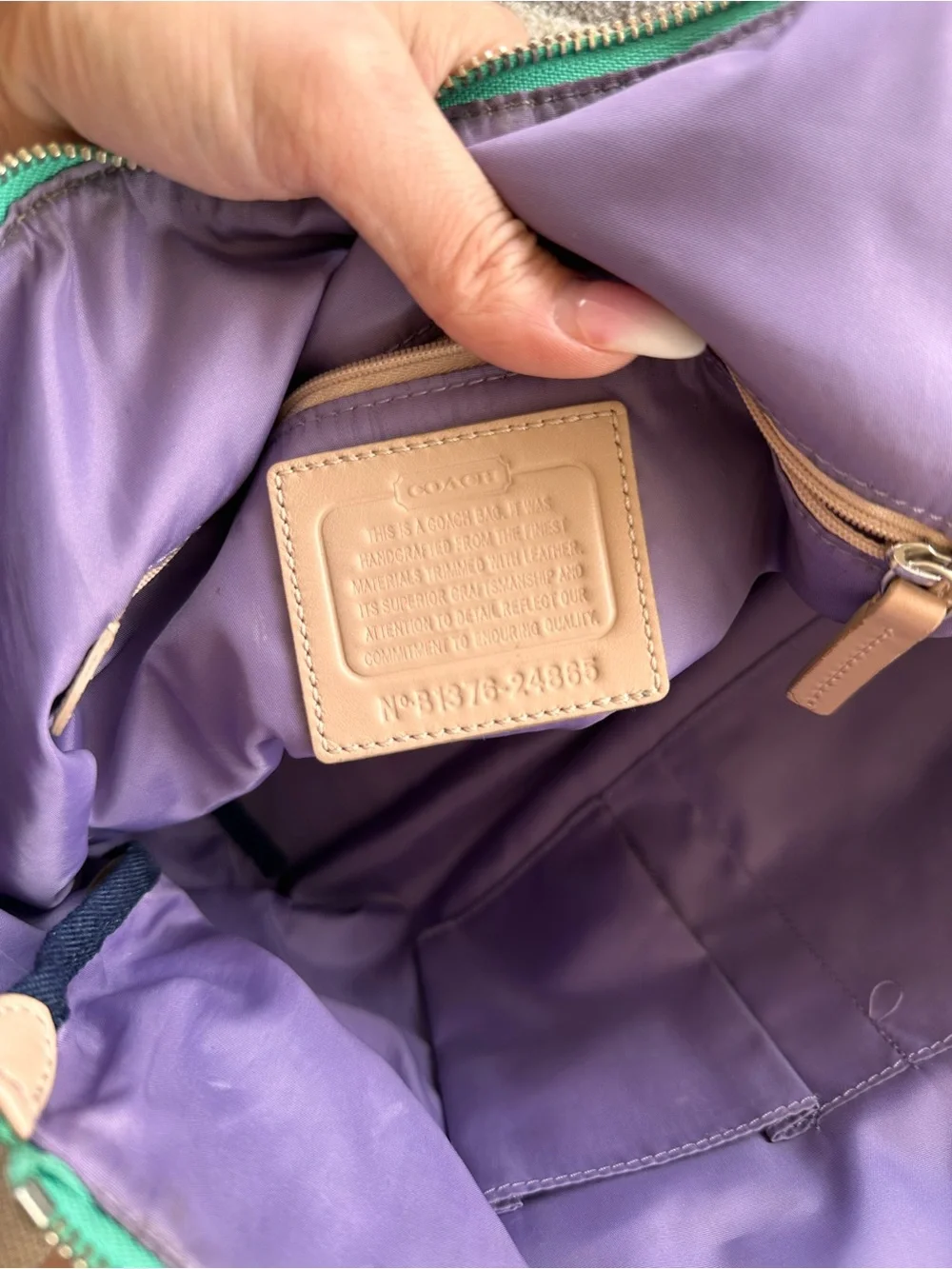 Coach Green Nylon Tote with Tan Handles and Navy Base